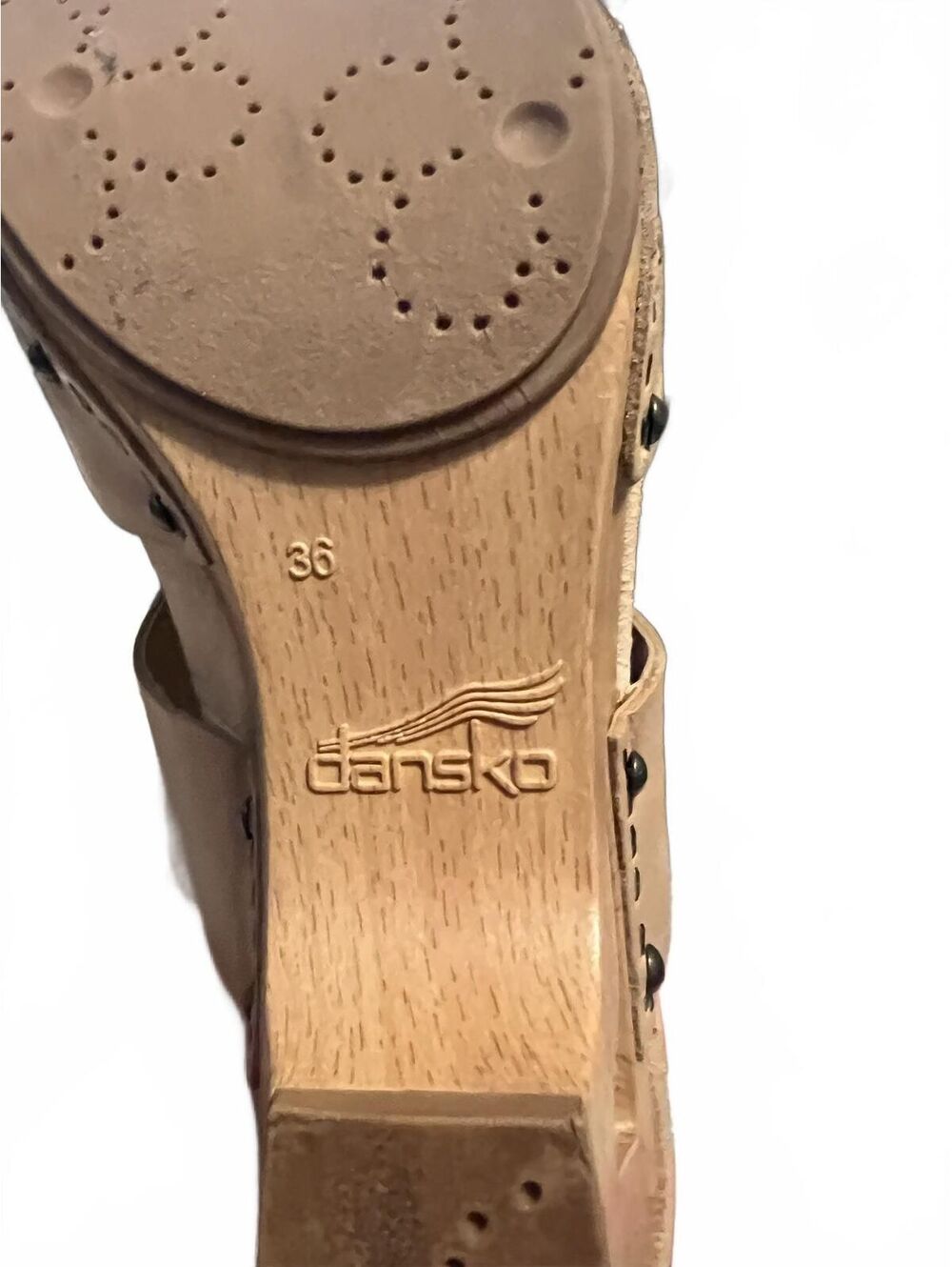 Dansko Sam Beige Leather Studded Wood Look Platform Cottage Clog Sandals 36 / 6 - Picture 8 of 8